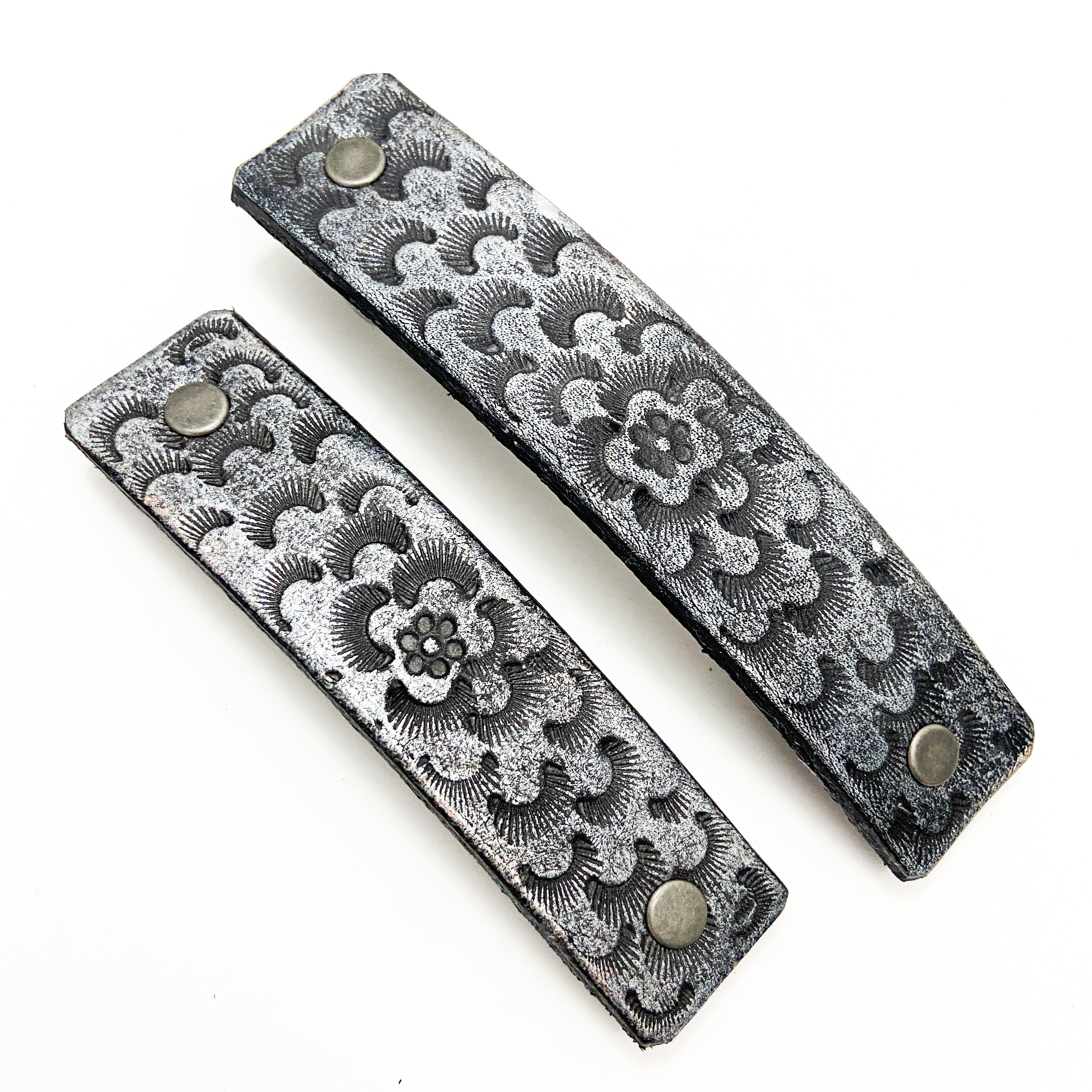 Silver And Black Chrysanthemum Tooled Leather Hair Barrette - Rosetta Creative Boutique